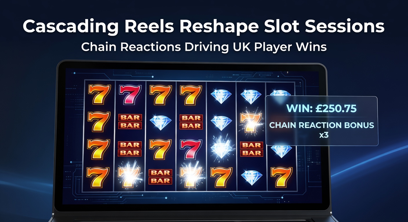 Vibrant slot reels cascading with winning symbols exploding in a chain reaction, illustrating extended play sessions for UK players