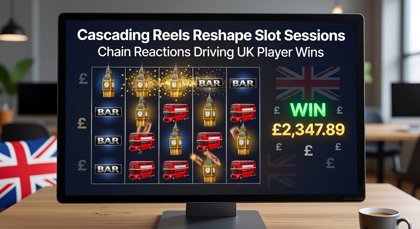 Dynamic screenshot of a cascading slot chain reaction with multipliers stacking, symbols exploding, and wins accumulating rapidly on a UK player's screen