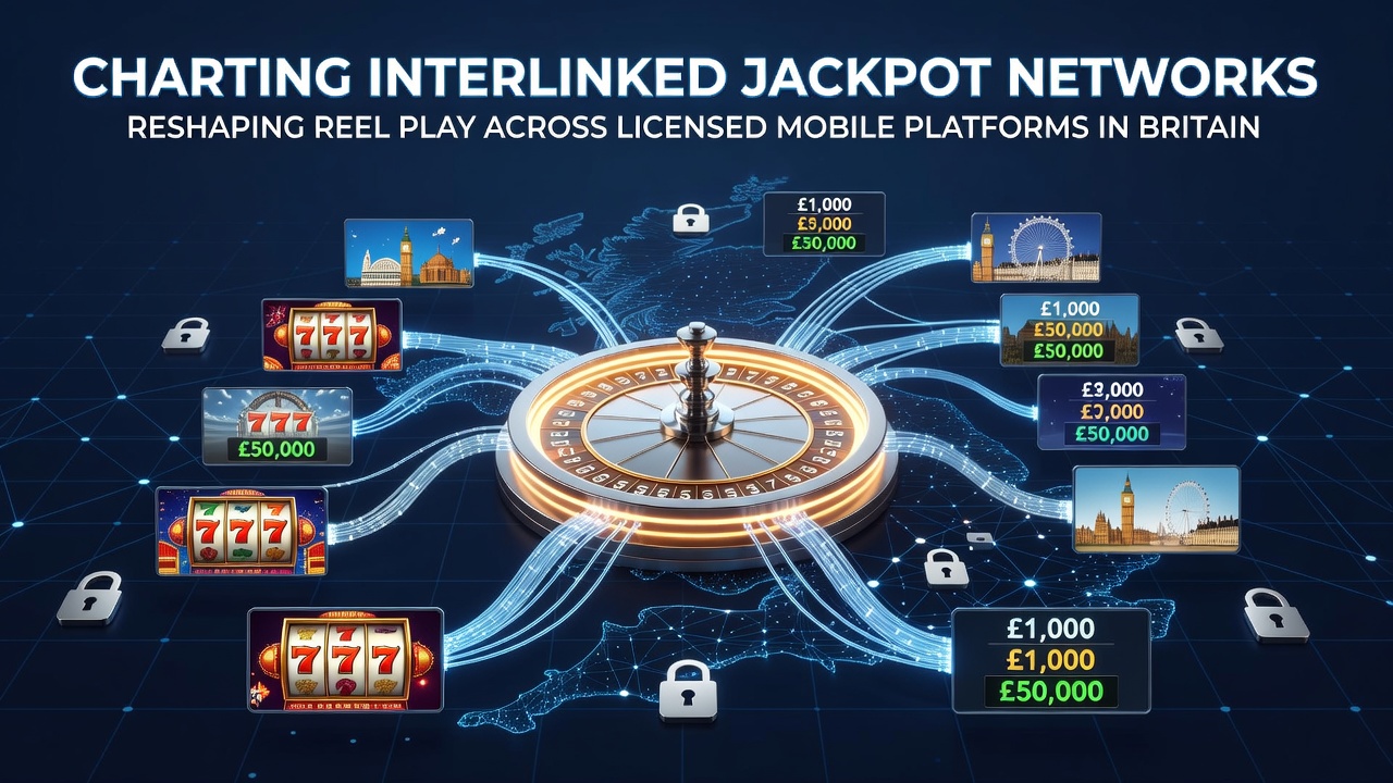 Network diagram showing connected progressive jackpot systems across mobile slot platforms in Britain