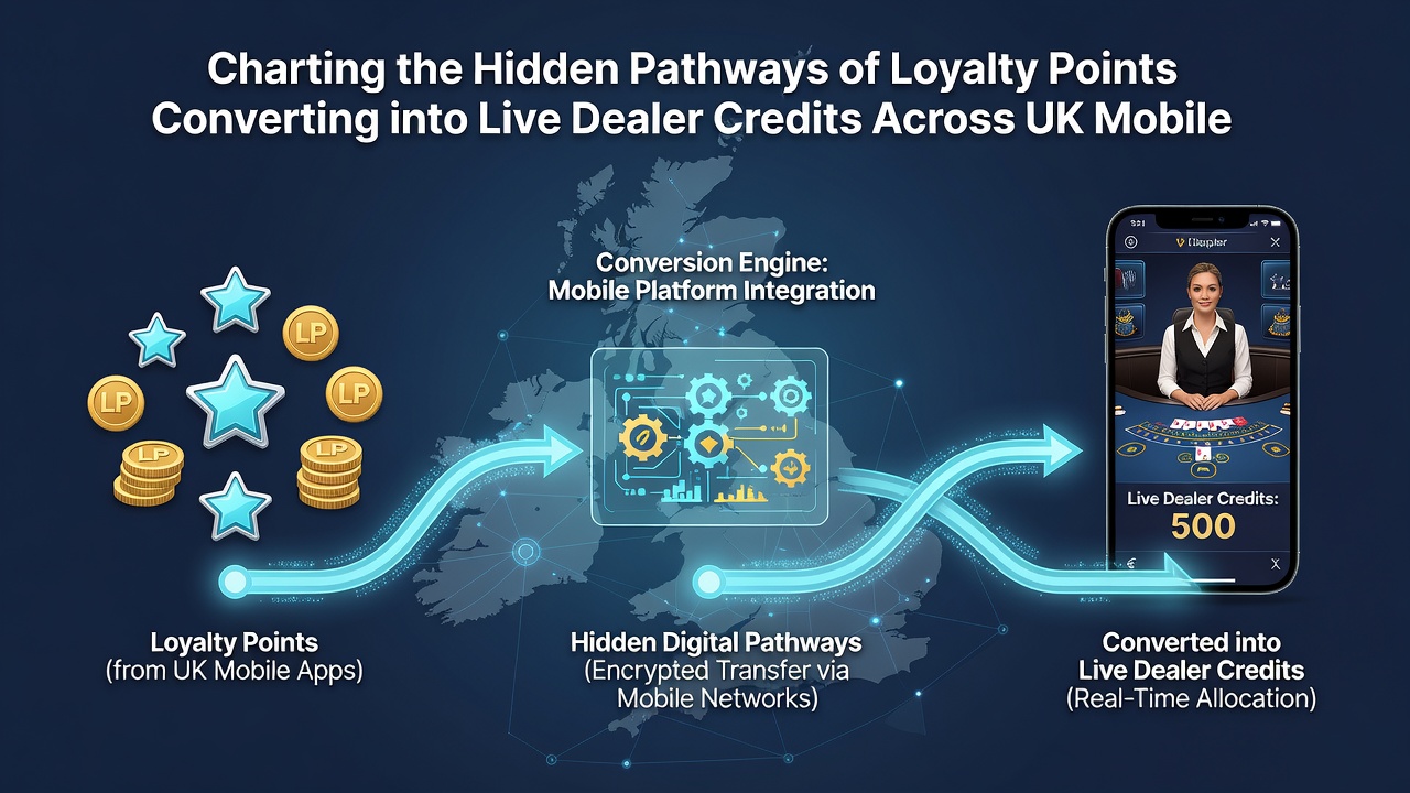 Flowchart illustration of loyalty points moving through mobile app stages to fund live dealer games