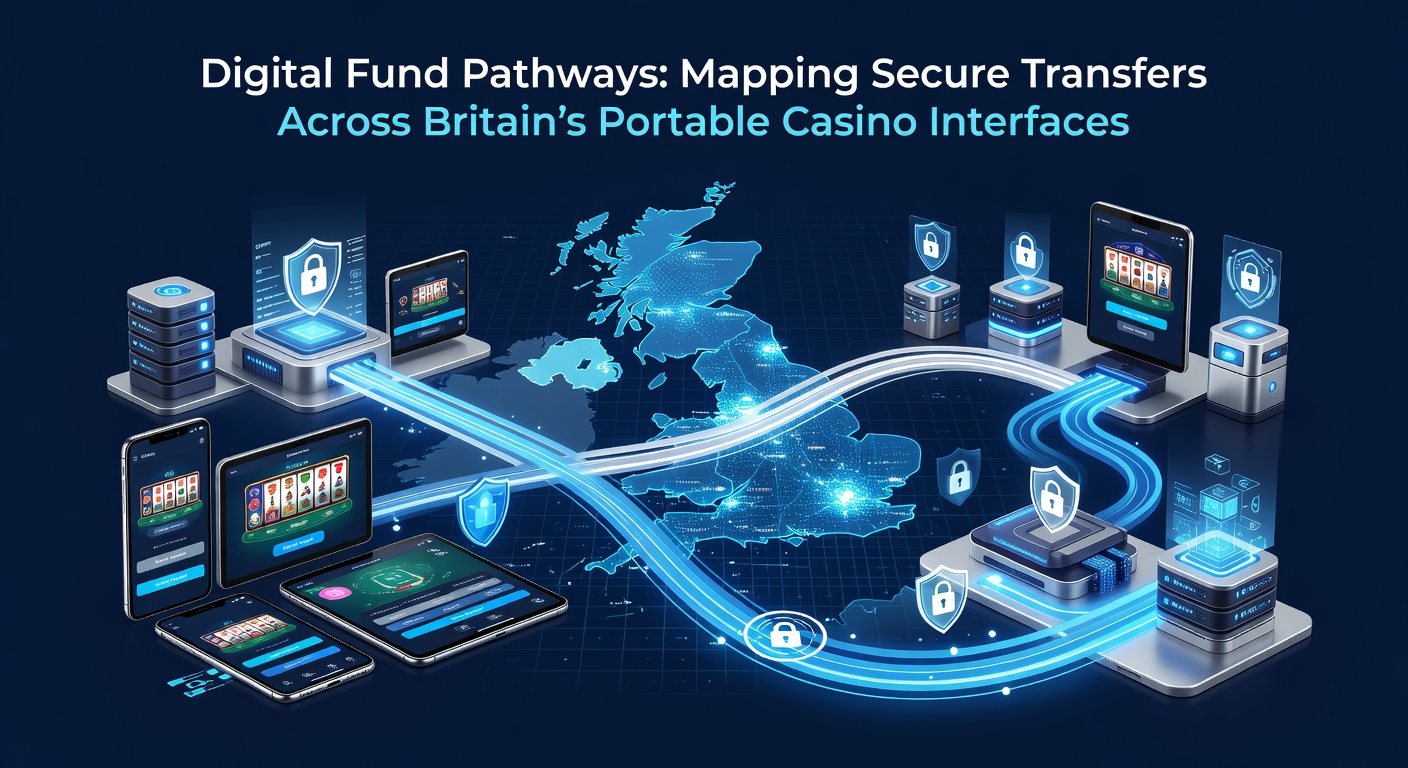 Illustration of secure digital fund transfers on British mobile casino interfaces showing encrypted pathways and portable device screens