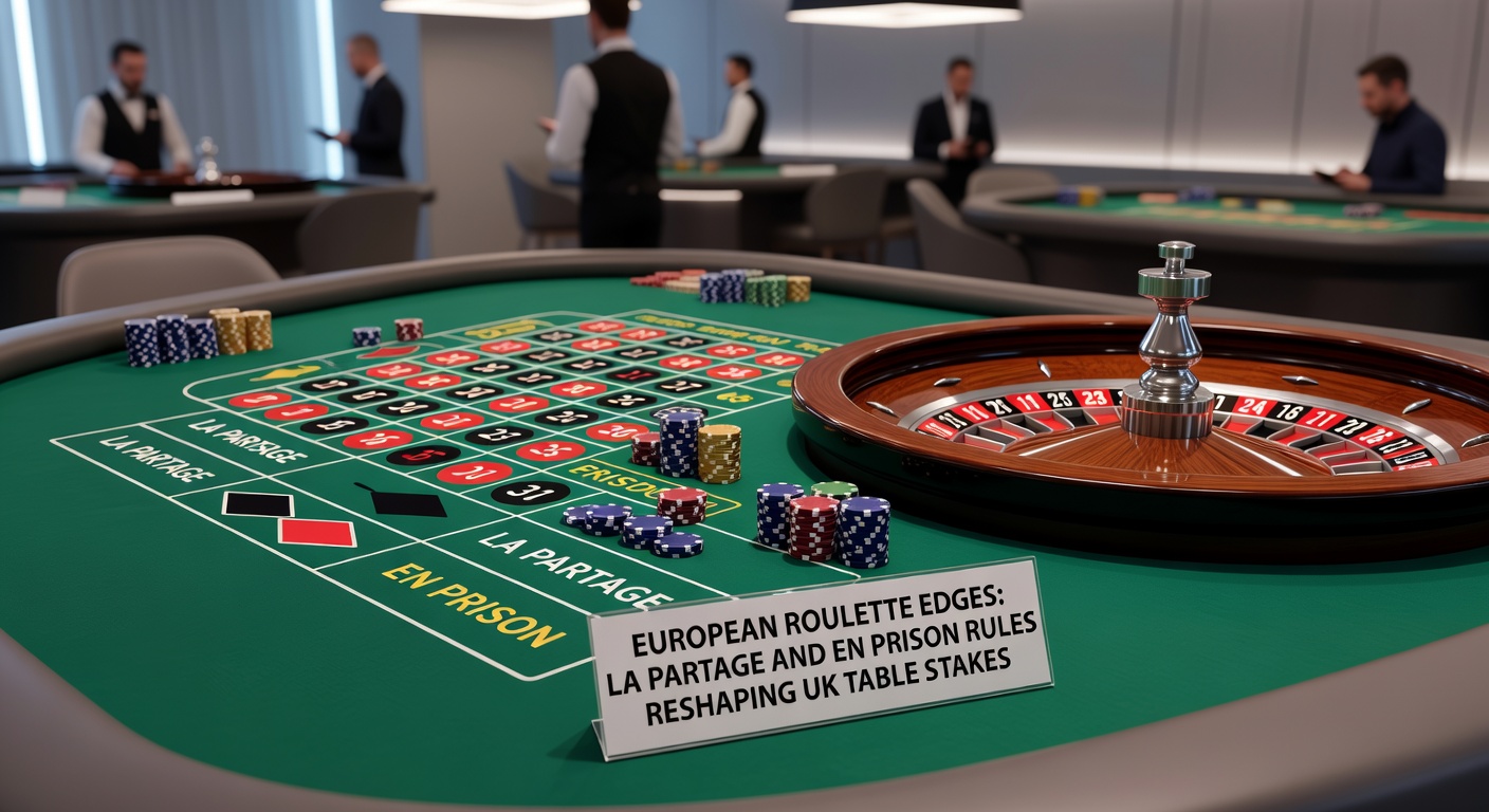 European roulette wheel spinning with croupier hand placing chips on even-money bets, highlighting La Partage rule in action at a UK casino table