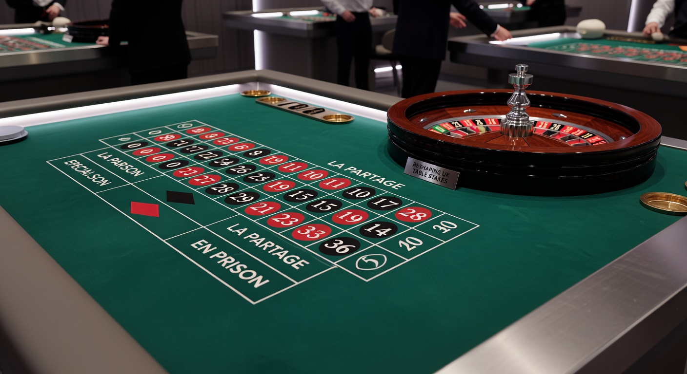 Close-up of roulette table marker indicating En Prison rule on even-money bet after zero outcome, with chips held in place amid UK casino atmosphere