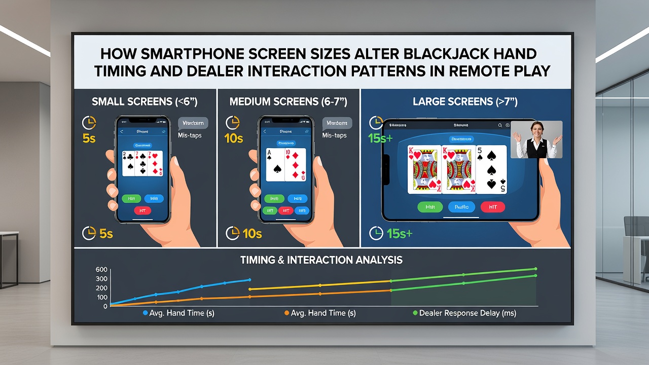 Split view comparing blackjack gameplay on small versus large smartphone screens with timing overlays