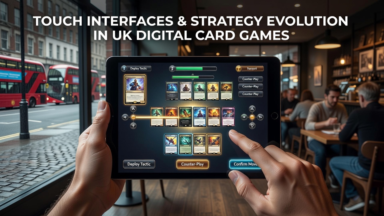 Close-up of a British player using touch gestures on a tablet to manage multiple card hands in a digital game interface