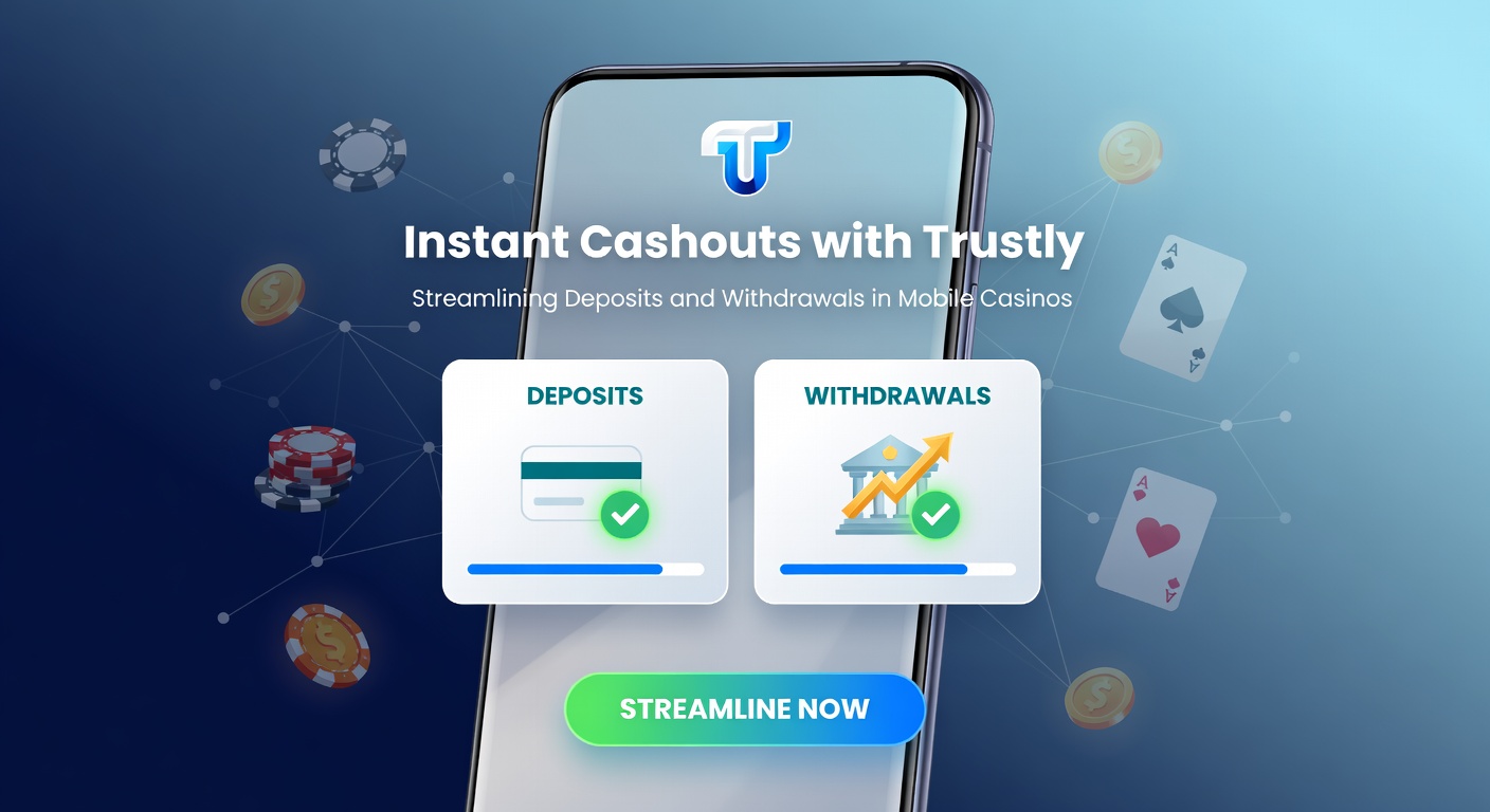 Close-up of a mobile banking interface with Trustly confirming an instant casino withdrawal, bank logo glowing on screen amid casino game thumbnails