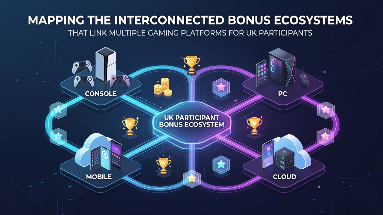 Illustration of UK players navigating bonus ecosystems across connected gaming sites