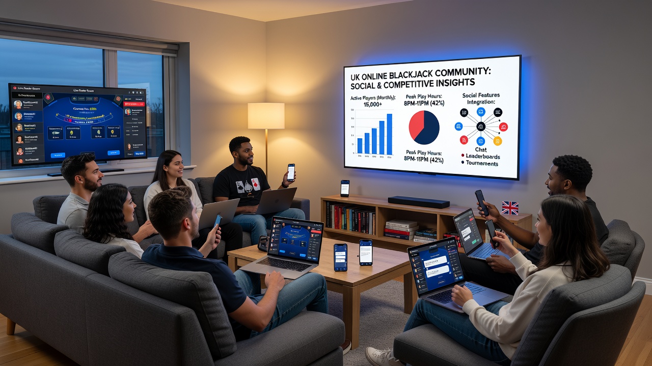 Group of UK online blackjack enthusiasts reviewing tournament results and discussing strategies in a shared digital forum