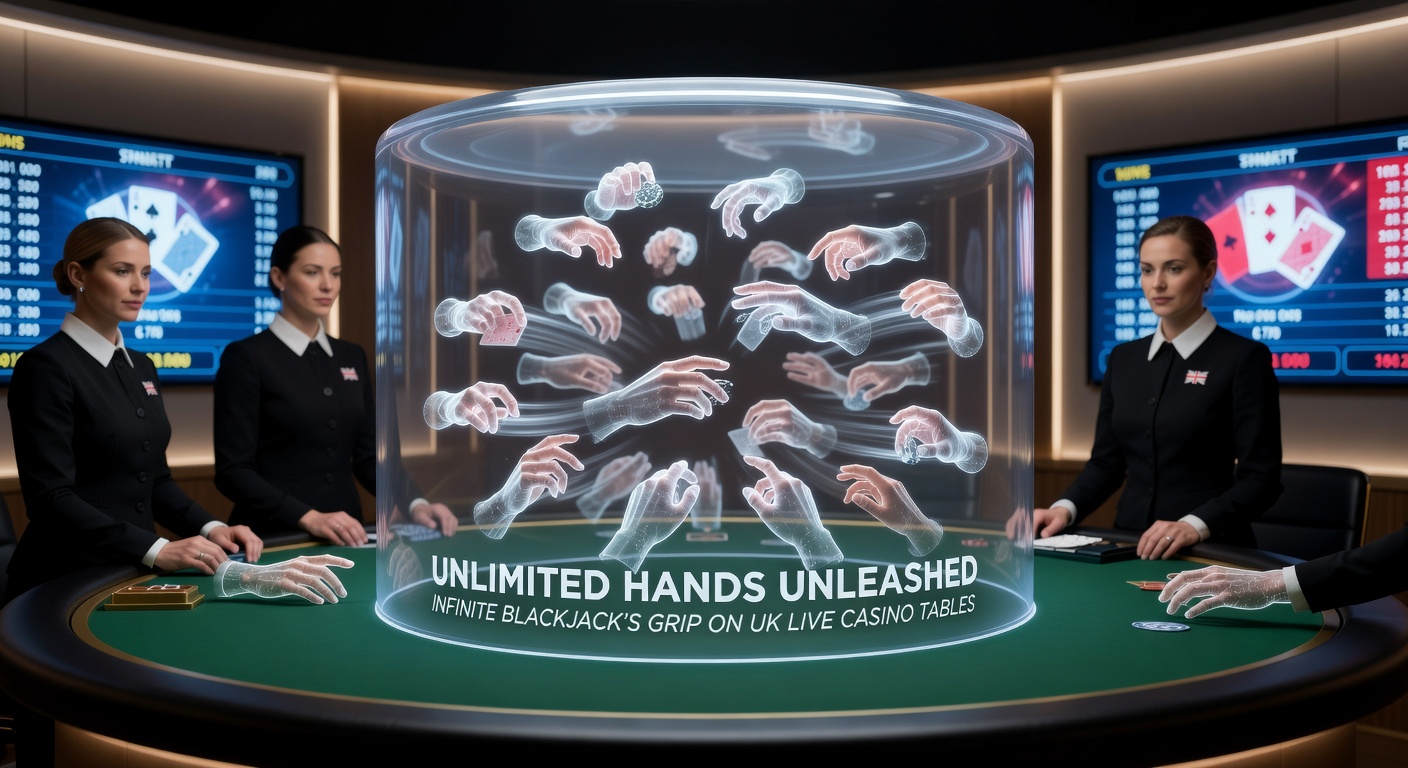 Live dealer at Infinite Blackjack table with multiple player interfaces on screens, capturing the unlimited hands action in a bustling UK online casino session