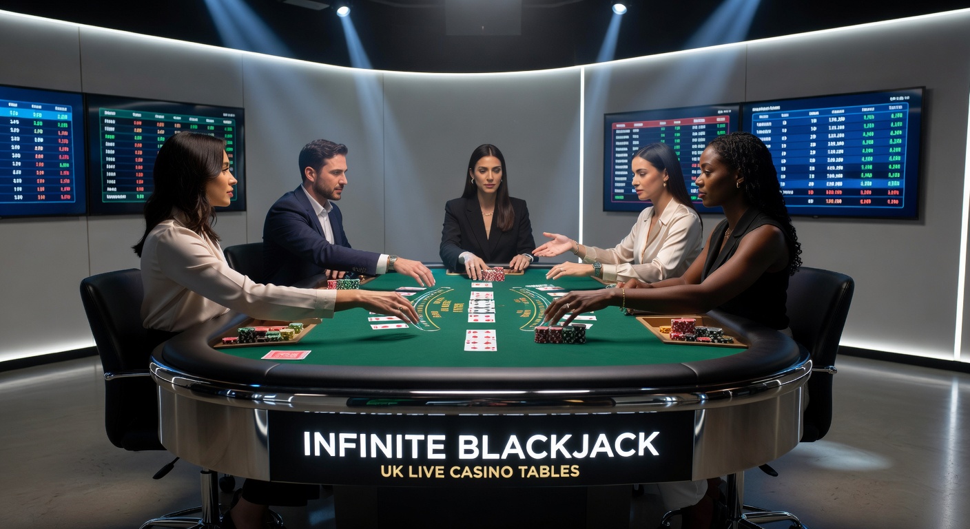 Close-up of Infinite Blackjack interface showing multiple player hands, side bets active, and dealer dealing from a UK live casino stream